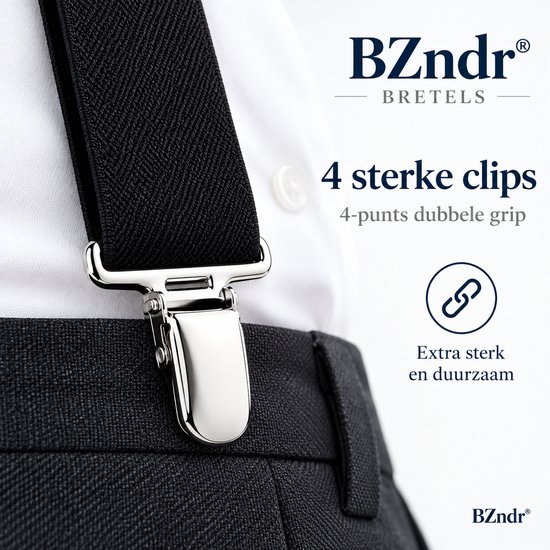 Detail van een zwarte bretel met een zilveren clip aan een donkergrijs kostuum. Tekst: 4 sterke clips.