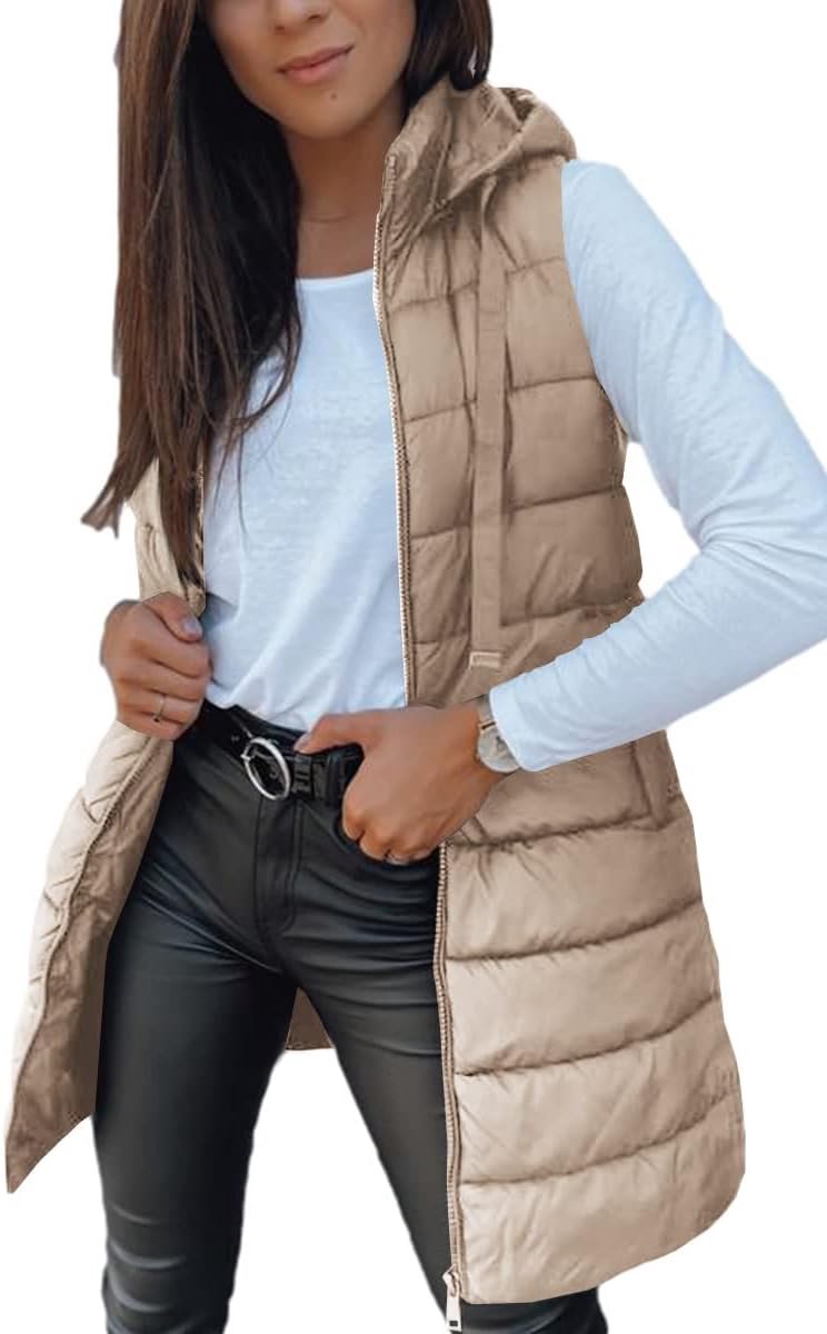 Bela Gewatteerd vest voor dames, lang licht vest met capuchon, mouwloos, winterjas, warm overgangsvest