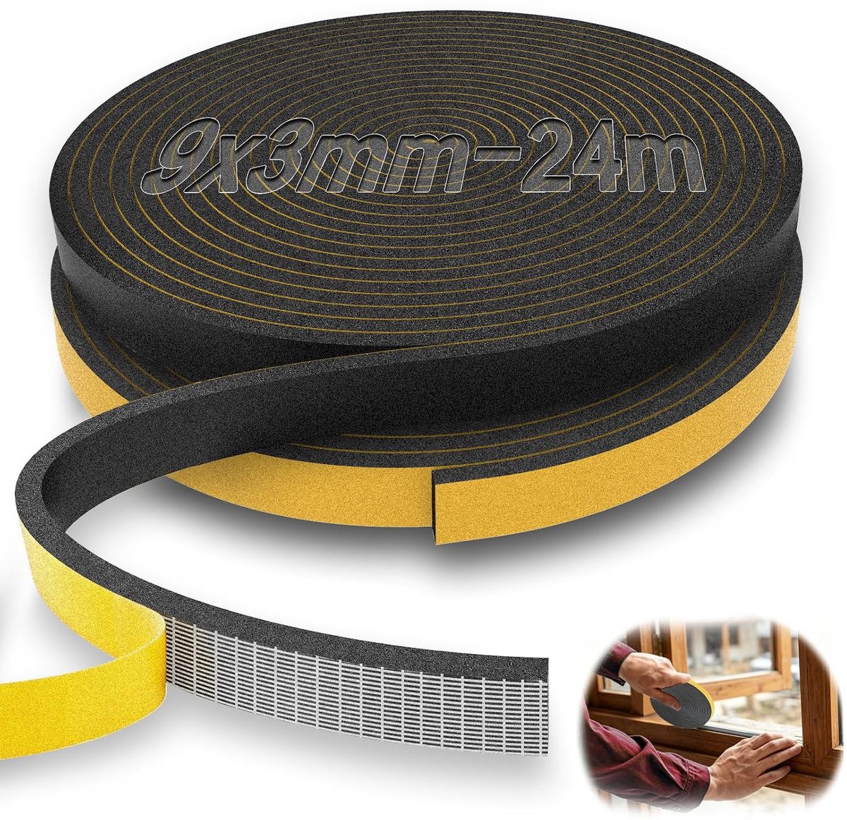 24 m afdichtingstape, zelfklevend, 9 x 3 mm, schuimrubber