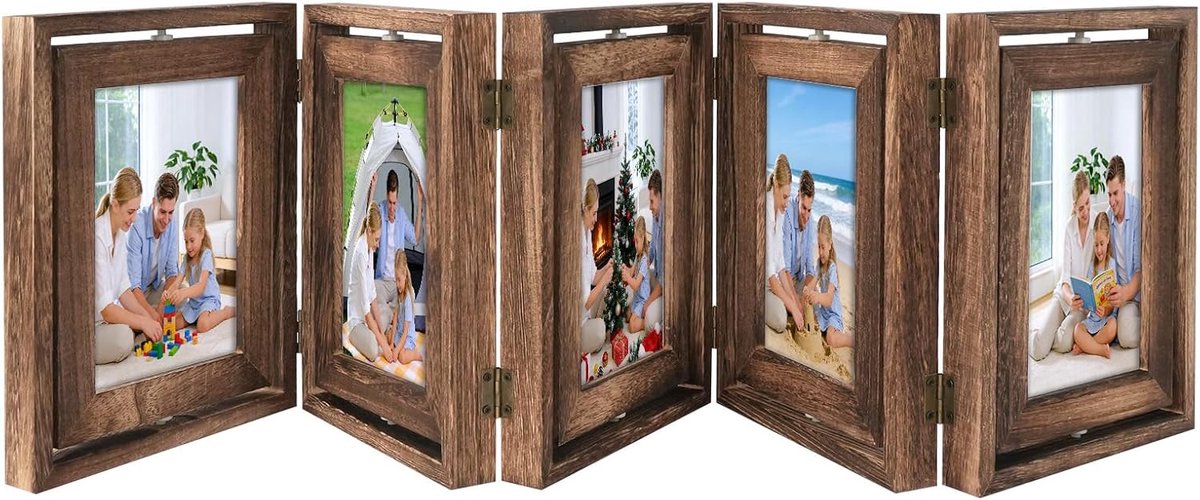 360° draaibare houten fotolijst, 10 x 15 cm, dubbelzijdig met acrylpaneel, voor meerdere foto's, geweldig fotocadeau, staand decor voor familie, bruiloft, kinderkamer (5 foto's)