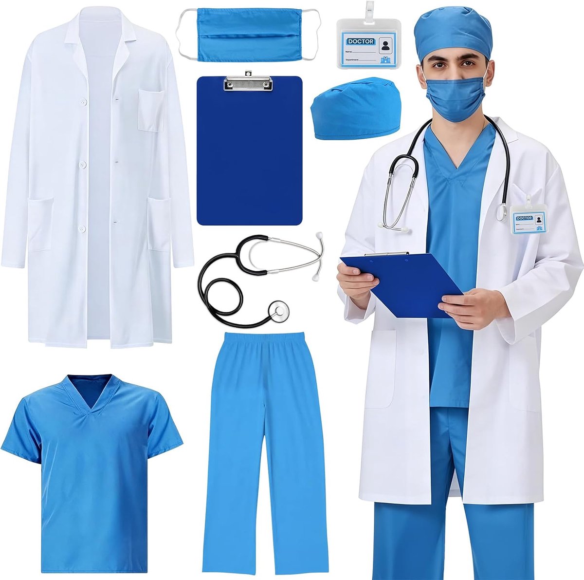 Dokterskostuum voor volwassenen, heren dokterskostuumset met doktersjas, bovendeel, broek, operatiekap, gezichtsmasker, stethoscoop, ID-kaart, klembord, perfect kostuum voor carnaval