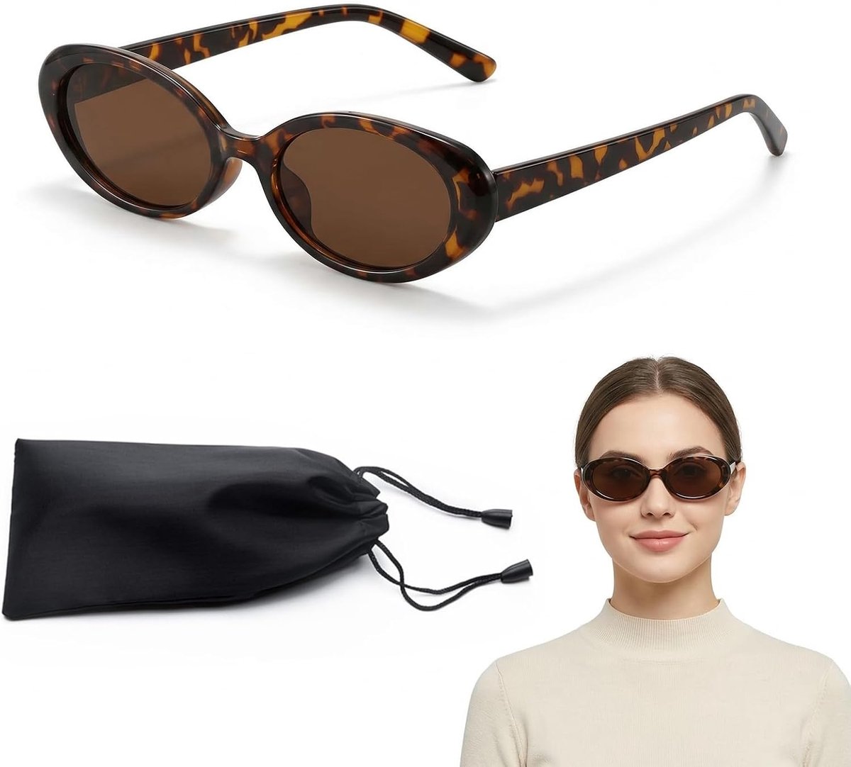 Zonnebril voor dames, luipaardpatroon met bruine glazen, vintage retro montuur met UV400-bescherming, inclusief zakje met kralen en reinigingsdoek, elegant mode-accessoire voor zomer en
