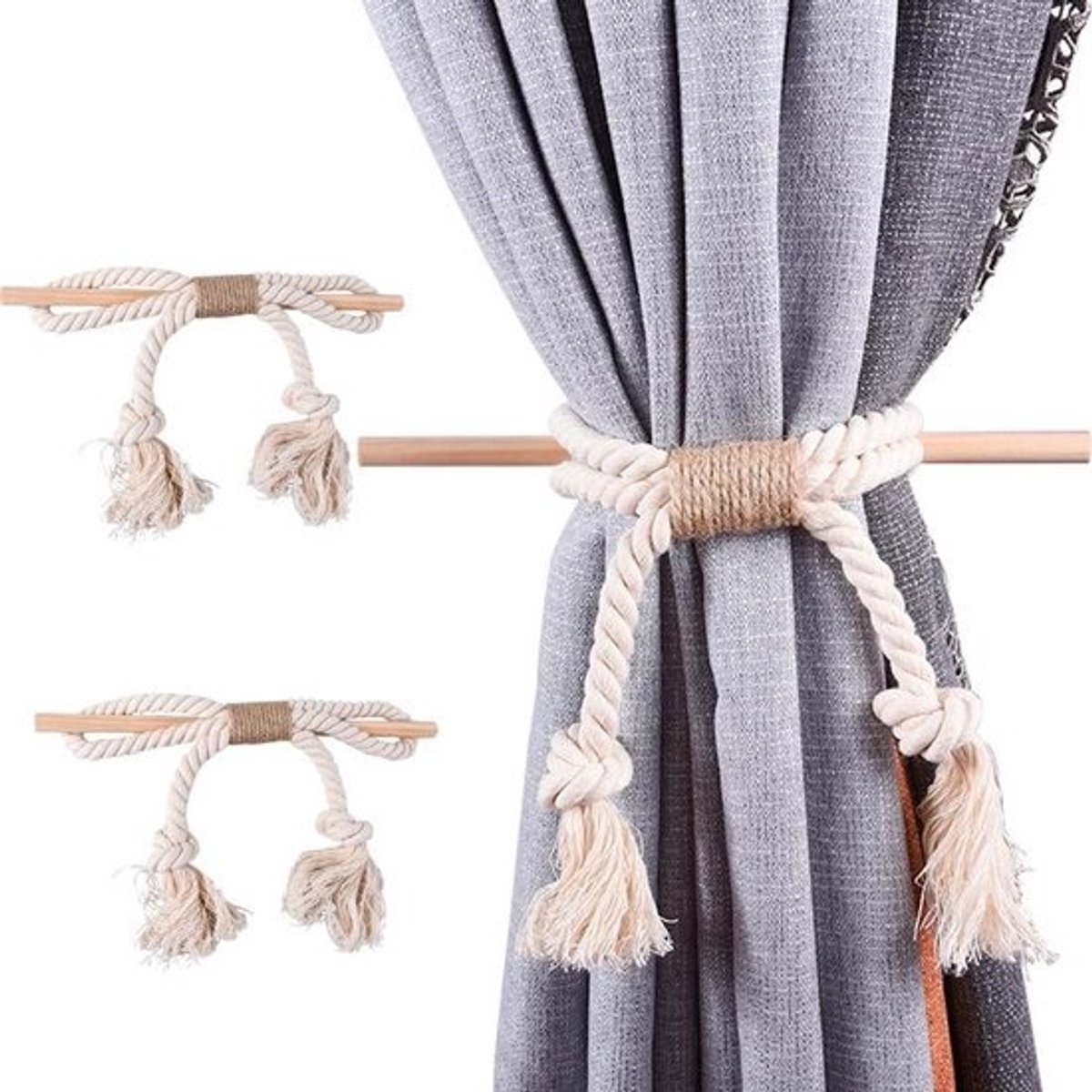 2x Handgeweven Katoenen Gordijn Tiebacks met Houten Stok - Decoratieve Gordijnvastzetters Wit
