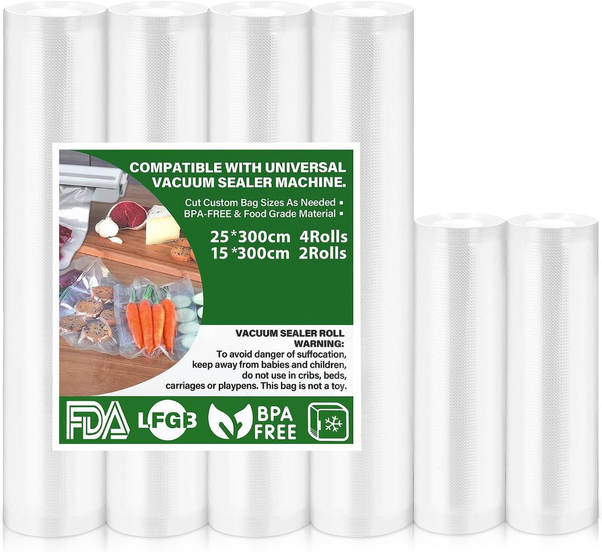 6 rollen Vacuümzakken voor Levensmiddelen 15|25|x300cm, Vacuümfolie voor alle Vacuümmachines, BPA-vrij, Scheurvast, 190 µm, Sous-vide Vrieszakken voor alle Magnetrons