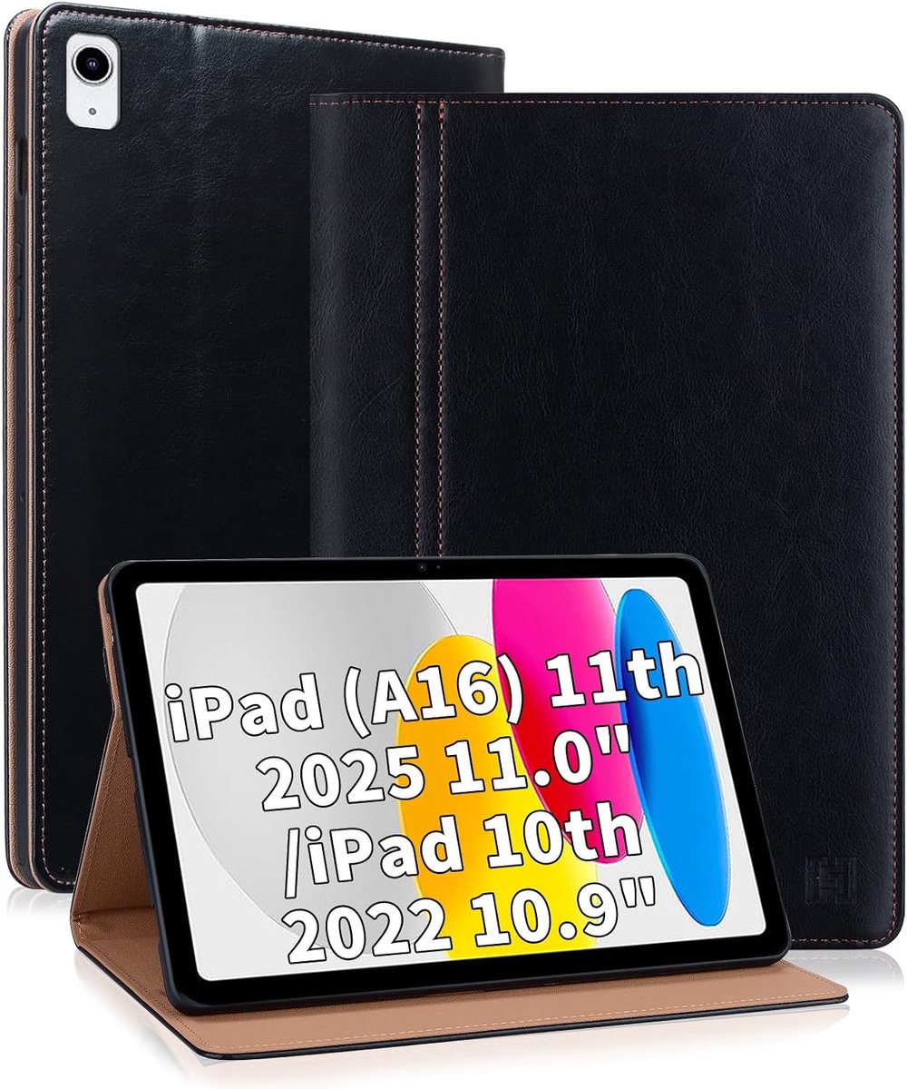 hoes voor iPad 11 inch 2025 11e generatie (A16), iPad 10e generatie 10,9 inch 2022 Folio beschermhoes met standaard PU lederen flip case cover, Zwart