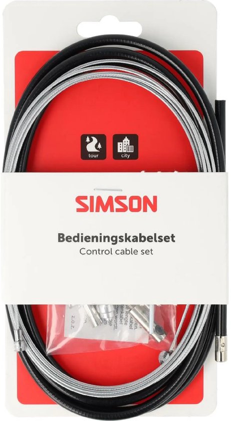 Simson bedieningskabelset met zwarte en zilverkleurige kabels, inclusief zilverkleurige onderdelen in een zakje.
