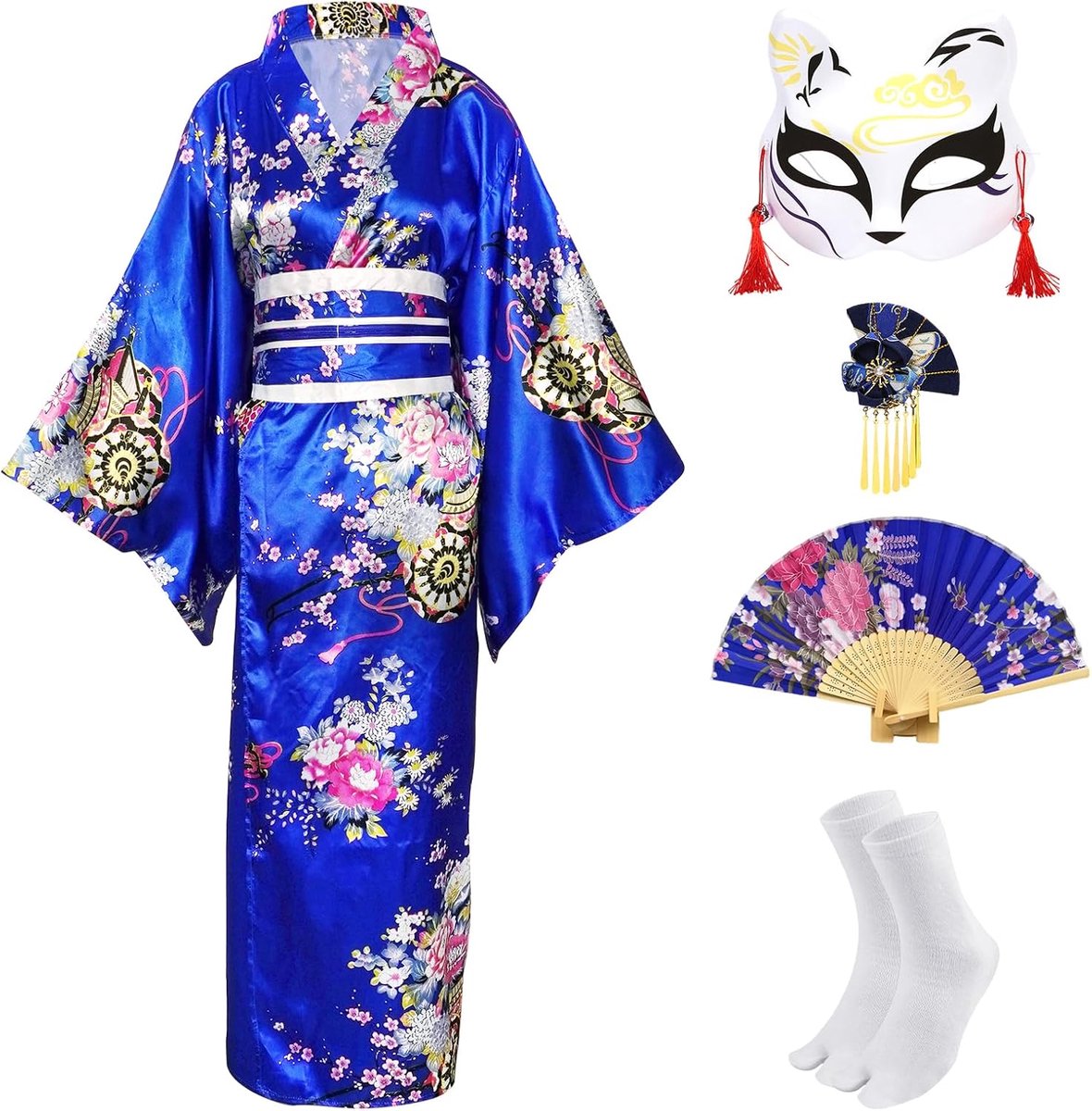 Kimono voor dames, traditionele Japanse kimono, jurk, bedrukt, bloemen met riem, Japanse robe, Yukata, cosplay-kostuumset