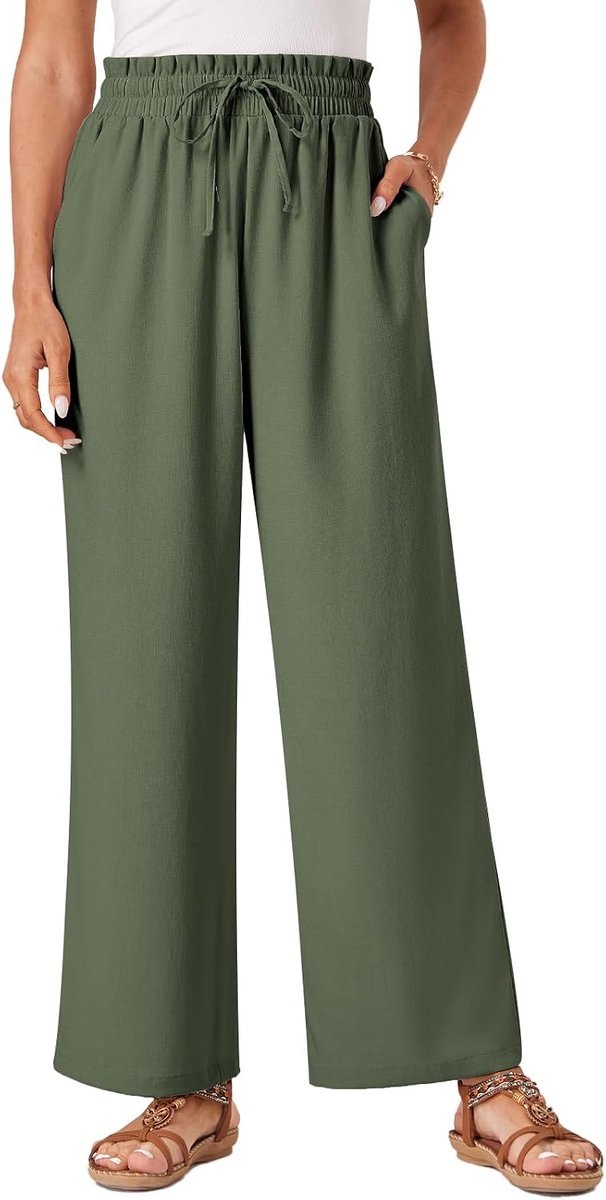 Damesbroek, casual, flowy brede pijpen, vrijetijdsbroek, hoge taille, trekkoord, Palazzo broek met zakken