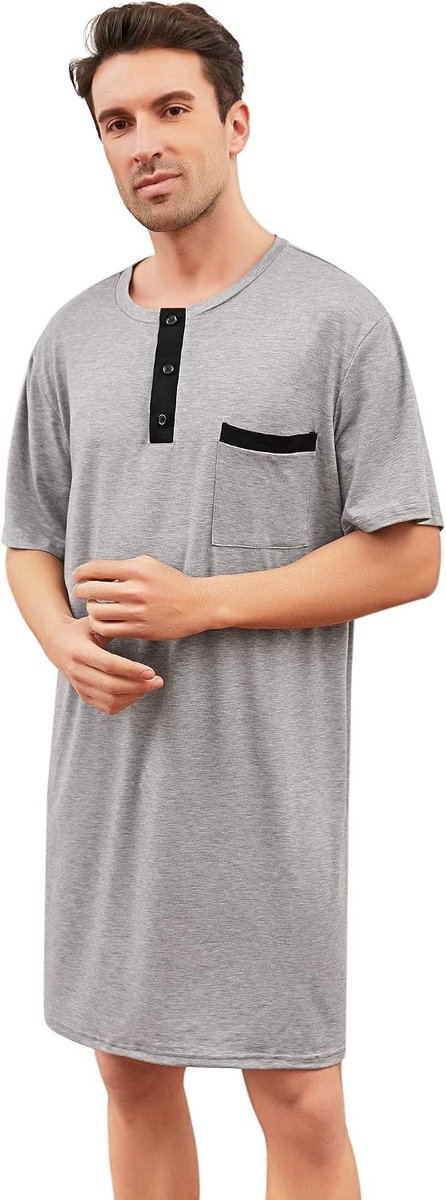 Pyjamatops voor heren, zacht ademend nachthemd, knielengte, nachthemden, korte mouwen, nachtkleding, loungewear