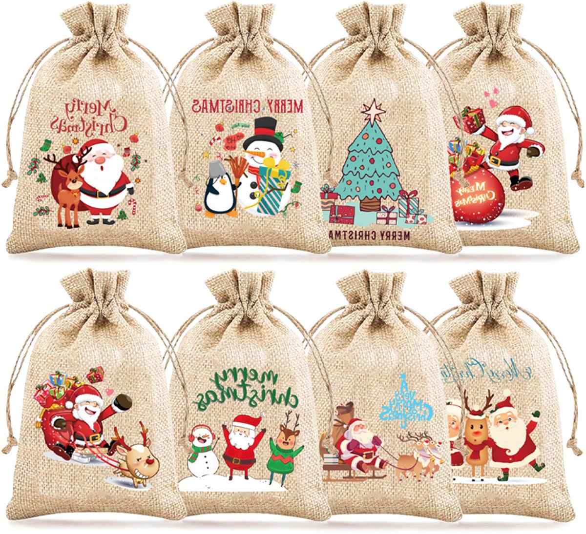 Kerstzakjes klein 10 x 15 cm - jute zakjes met trekkoord - 8 stuks voor geschenken - ideaal voor kerstsnoep - ShopVlot