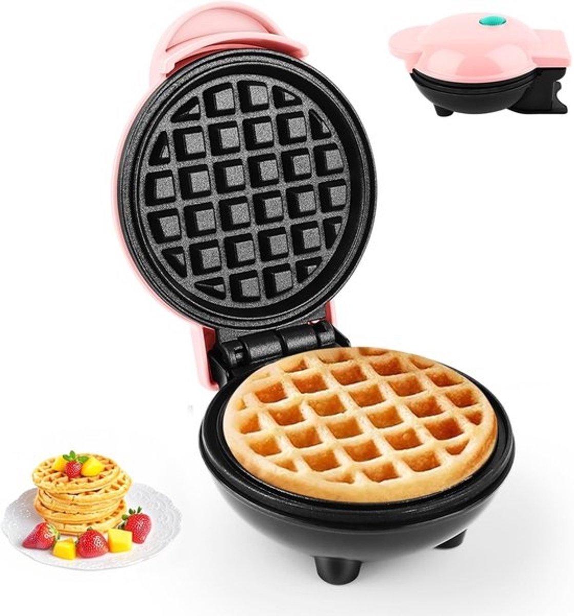 Mini Wafelijzer - Kleine Wafelmaker - Ontbijt Maken - Dubbelzijdige Verhitting - 10 cm Diameter - Roze