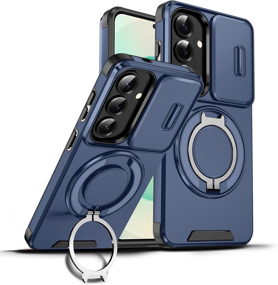Robuuste Shockproof Hoes voor Samsung Galaxy S26 met Sliding Camera Bescherming en 360 Graden Ringstand, Militaire Anti-Scratch Silicone Bescherming, Blauw