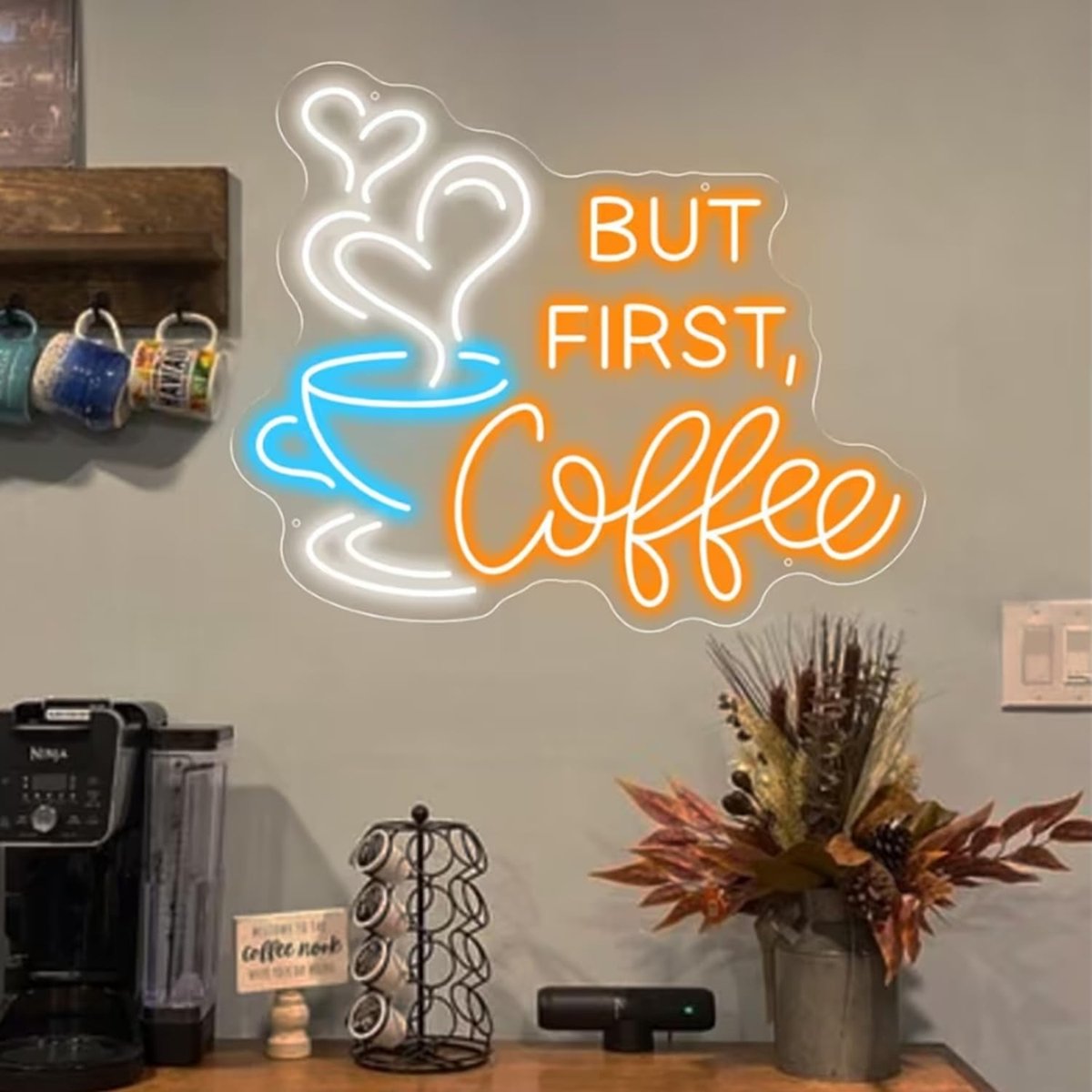 First Coffee neonbord, groot, 5 V, USB-aangedreven acryl neonlichten met dimbare schakelaar en hangketting voor koffie, café, bar, party, woonkamer, bord geschenken, 35,5 x 28,7 cm (oranje)
