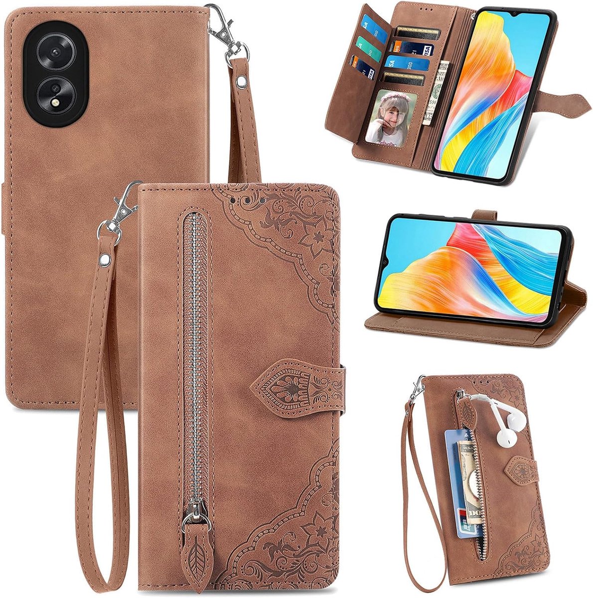 smartphonehoesje voor Oppo A38 4G, PU lederen hoesje met magneetvergrendeling, met ritsvak standaard kaarthouder compatibel met Oppo A38 4G - Bruin