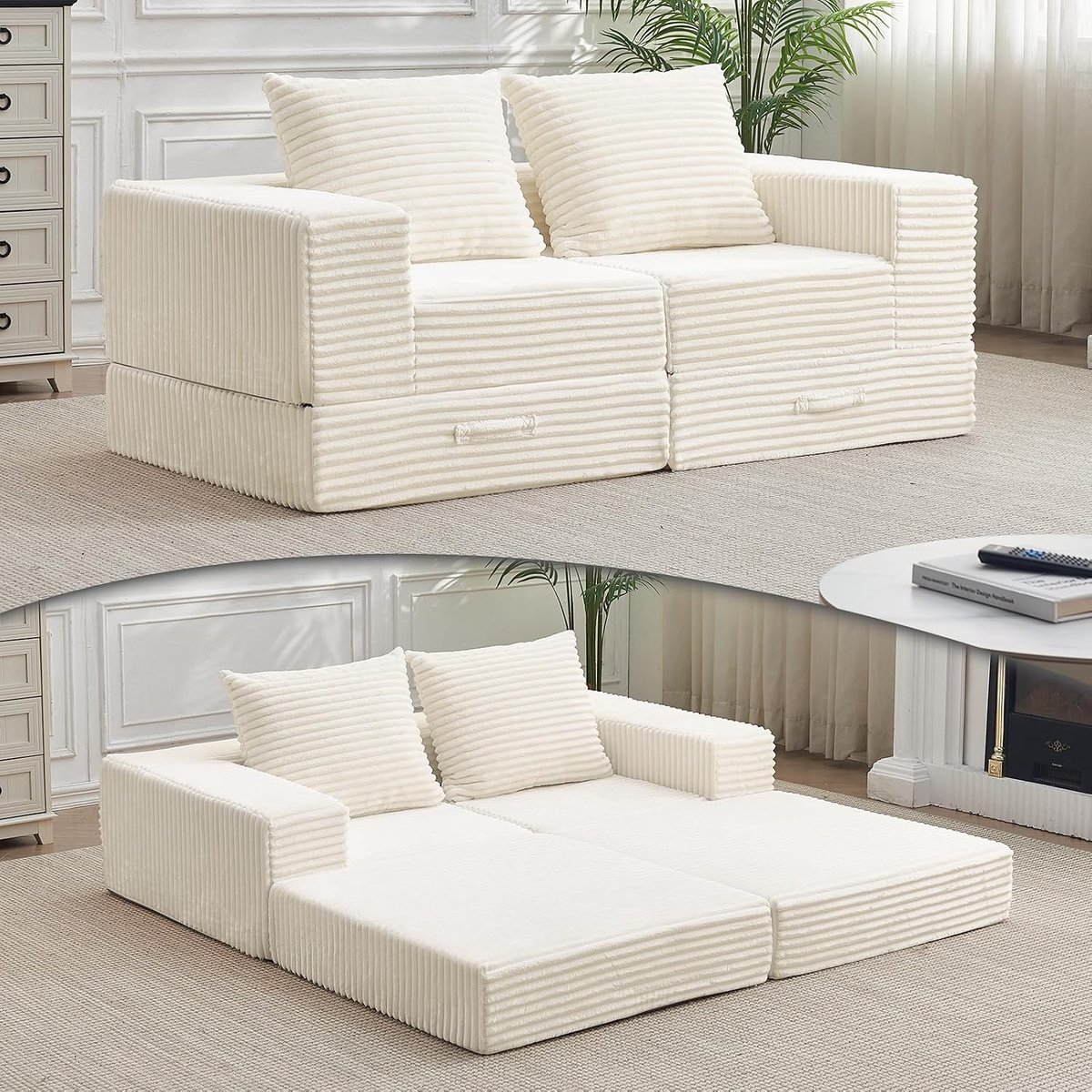 2-zits slaapbank, uittrekbaar, 180 cm, modulaire bank met 2 kussens, beige