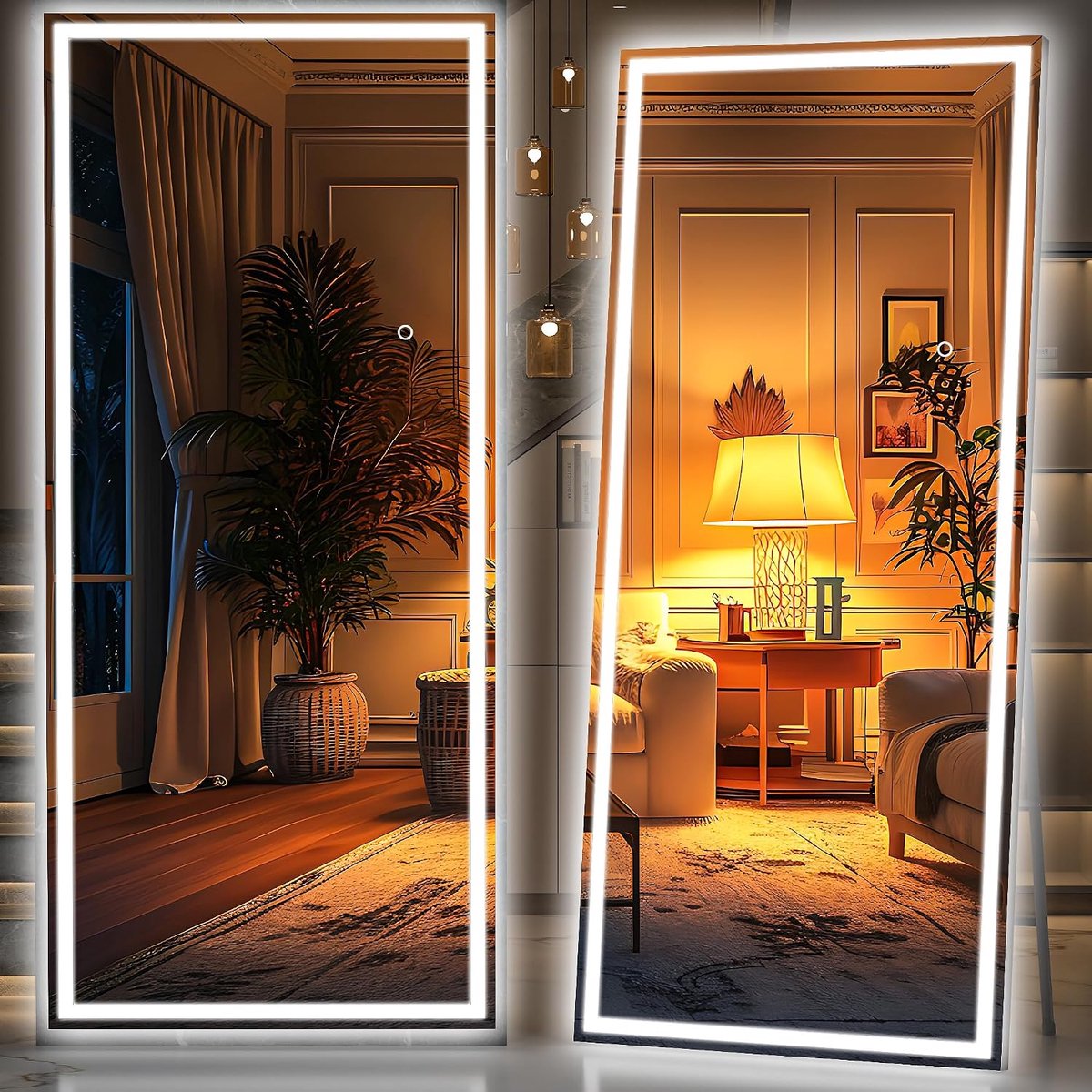 Volledige lengte spiegel met verlichting, 210x90cm LED verlichte staande spiegel 3 kleuren verlichting, full body dressing opknoping gemonteerde spiegels, dimbaar, gehard glas, veilig te