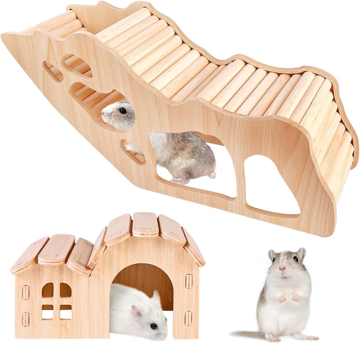 Hamsterklimladder met hamsterhuis, hamsterspeelgoed, hamsterspeelgoed, hamsterladder, houten klimspeelgoed en brugkooi-decoratie voor kleine huisdieren, racermuizen, dwergmuizen