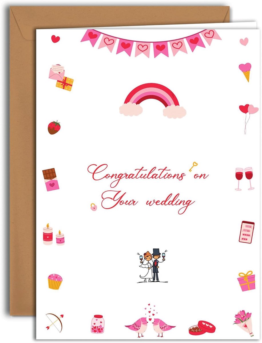 Colibri Romantische trouwkaart - Love Celebration Theme | Grote gevouwen kaart (A4) - Kraft envelop inbegrepen - blanco binnenkant