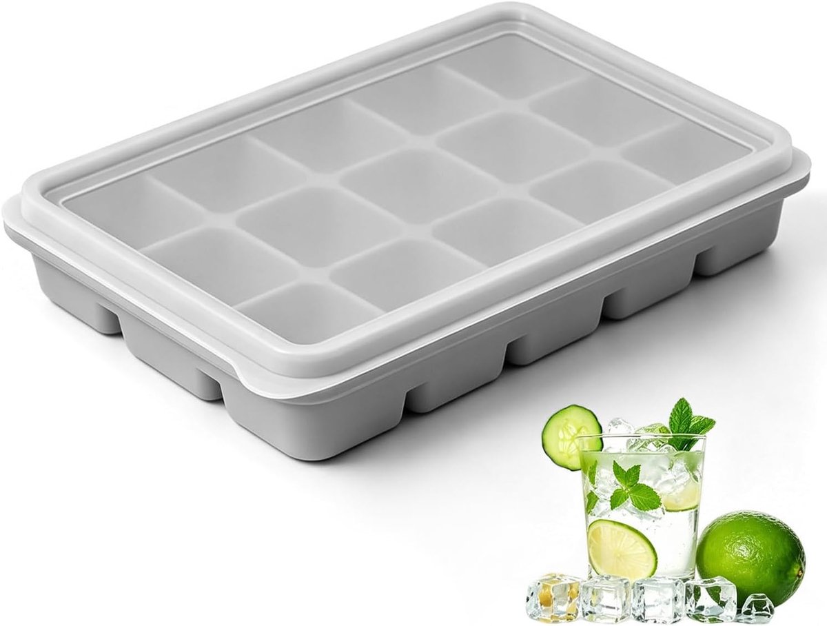 IJsblokjesbakjes met deksel, 1 pak 15 kubussen Easy Release stapelbare flexibele siliconen ijsblokjesbakken voor vriezer met afneembaar siliconen deksel voor babyvoeding, whisky, koffie, cocktail