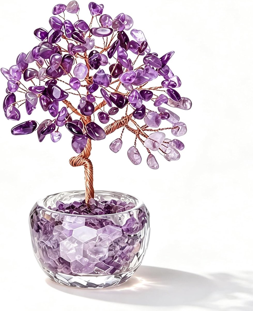 boom, handgemaakt, decoratie, tafel van natuurlijk kristal, met polyedrische sokkel, ornament voor huis, kantoor, auto, cadeau voor dames, paars, 11 cm