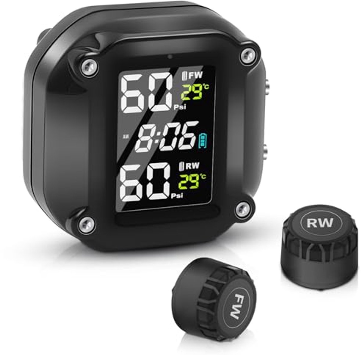 Motor TPMS Bandenspanningscontrolesysteem, Draadloze Bandenspanningssensor, 5 Alarmmodi, Magnetisch USB Opladen, IP67 Waterdicht, met 2 Externe Sensoren en LCD-Display