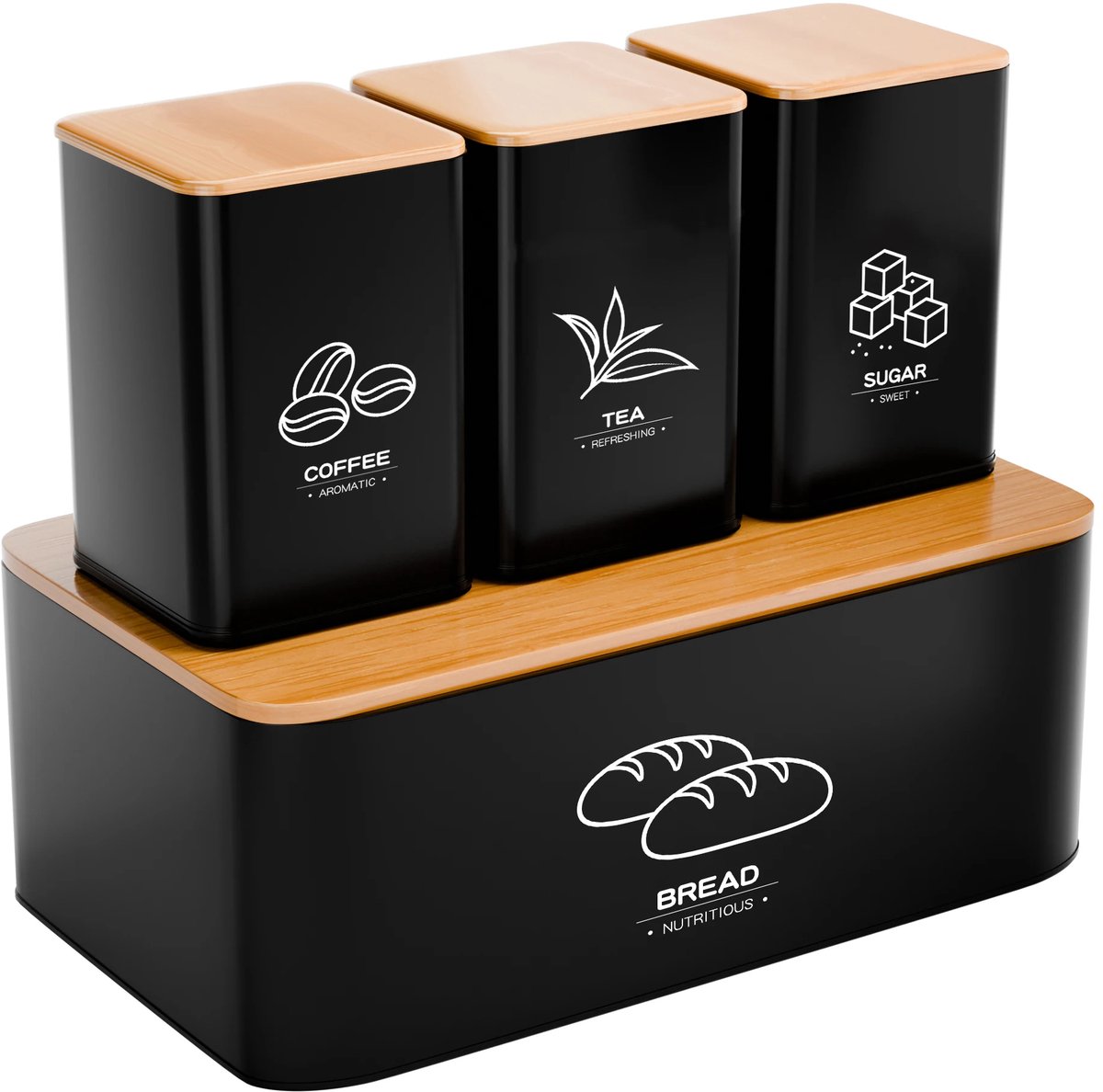 ArtiZo Metalen broodtrommel - brooddoos set van 4 met deksel - zwart - 1x 33x18x13cm lxbxh 3x 10x10x13.5cm lxbxh
