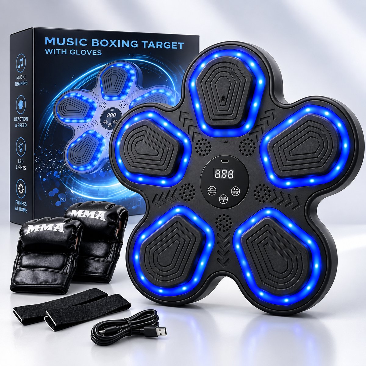 Boksmachine Wandmodel - Interactieve Bokstrainer - Bluetooth Muziek - LED Licht - 9 Trainingsstanden - Reactie Trainer - USB Accu - Boksen voor Thuis