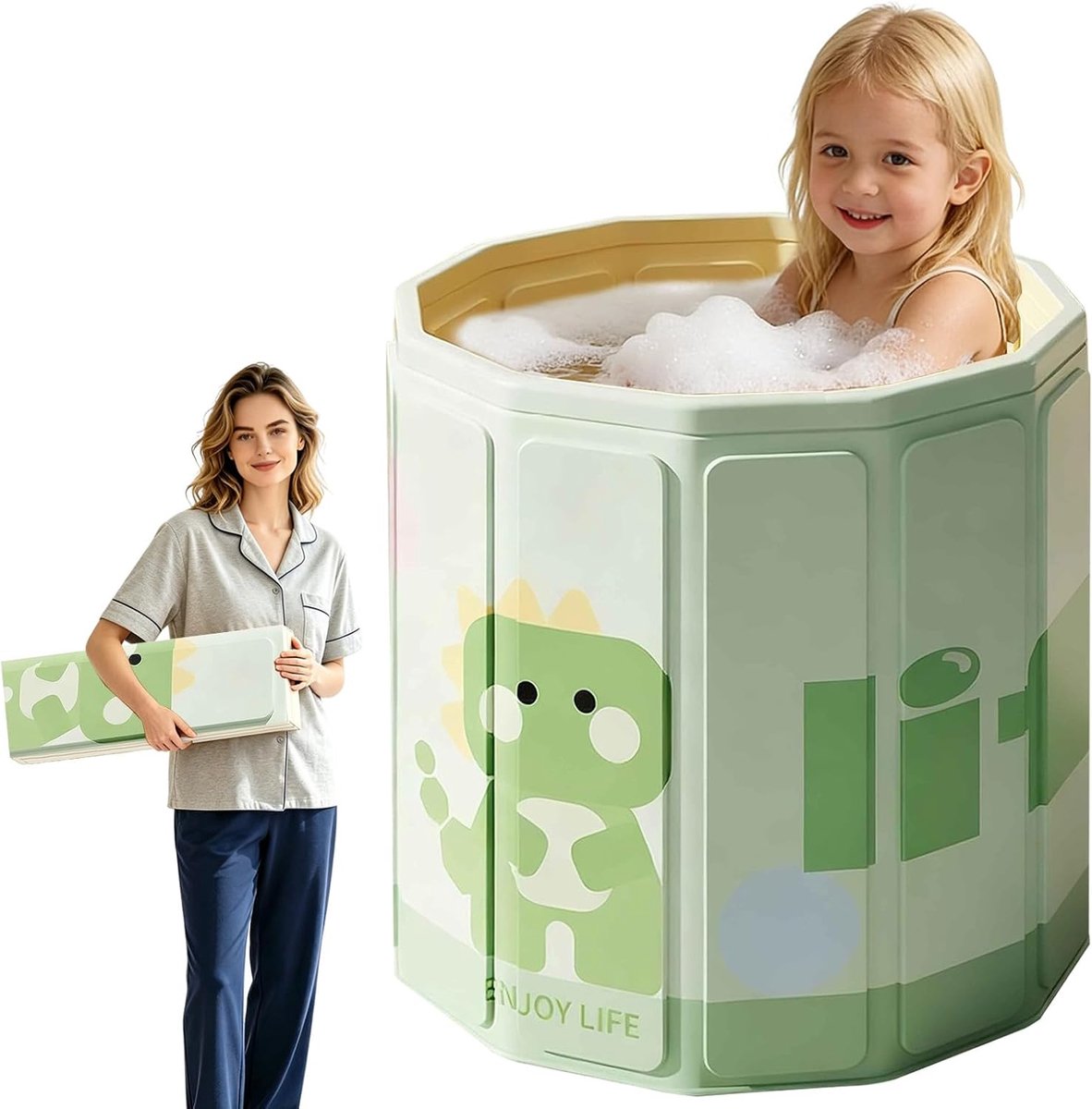 kinderbadje, draagbaar badje, groot peuterbad voor kinderen van 0-5 jaar, alles-in-één ontwerp met afvoerplug., Green