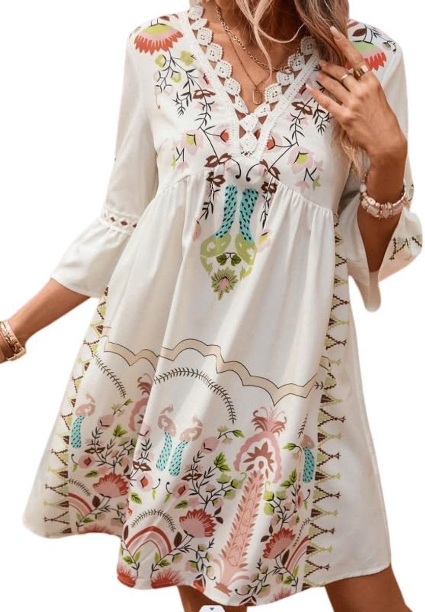 Damesjurk met V-hals, kanten inzetstukken en boho-print, casual, wijd gesneden strandjurk