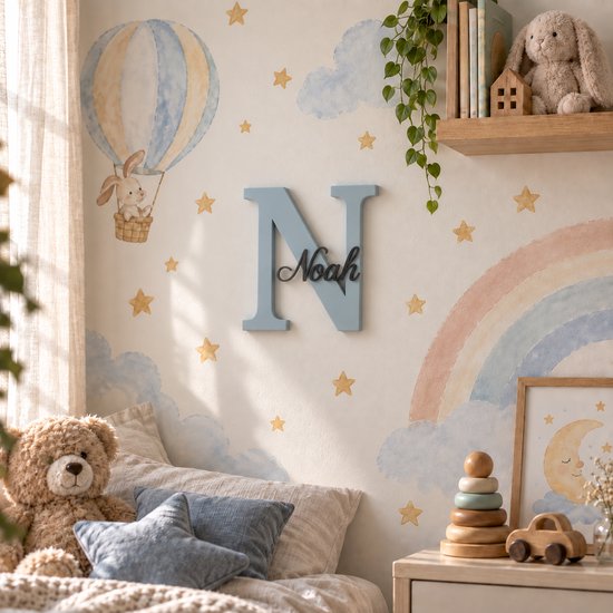 Gepersonaliseerd naambordje kinderkamer met naam en initiaal – Babyblauw/Zwart – Keuze uit lettertypen — afbeelding 2