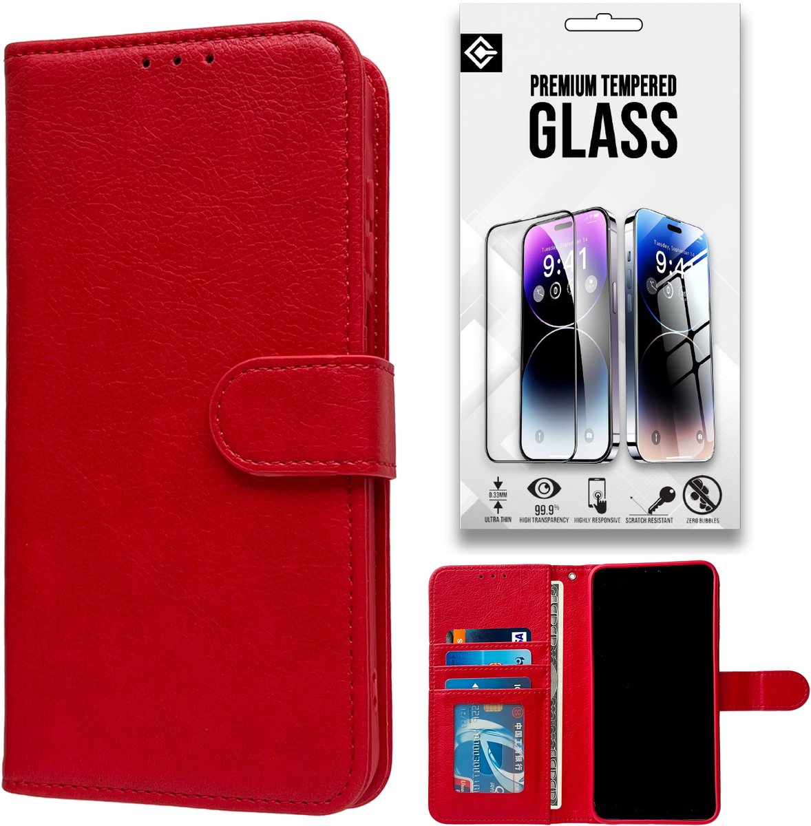 Casemania Hoesje en Glas Geschikt voor Apple iPhone 18 Pro Max - Rood - Luxe Portemonnee Book Case met Pasjeshouder - Wallet Case Telefoonhoesje - 1x Tempered Glazen Screenprotector
