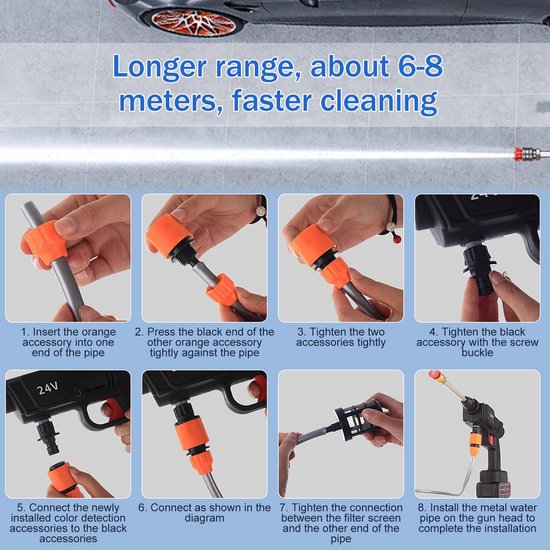 Hogedrukreiniger, Max 90 Bar Draagbare Mobiele Hogedrukreiniger met 2 x 6000 mAh Accu, 6-in-1 Multi-spray Sproeikop, 5M Slang, Verlenglans, Tuingereedschap voor Huisdieren en Auto — afbeelding 3