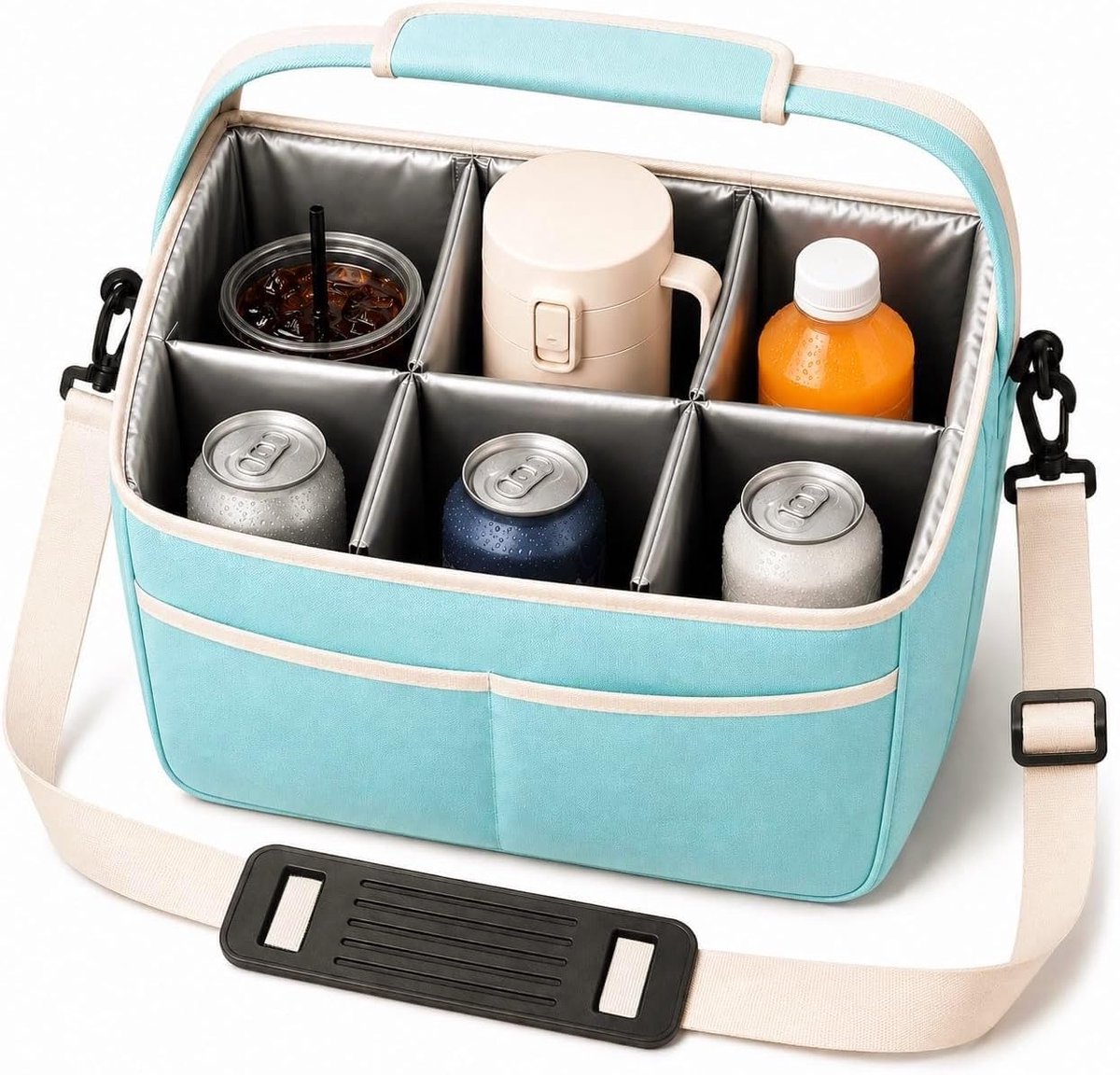 shepretty Drankendragertas voor hoge bekers en flessen, geïsoleerde dranktas met uitneembare scheidingswanden, schouderriem en voorvak, voor Bubble Tea, koffie to go en picknick, blauw-6