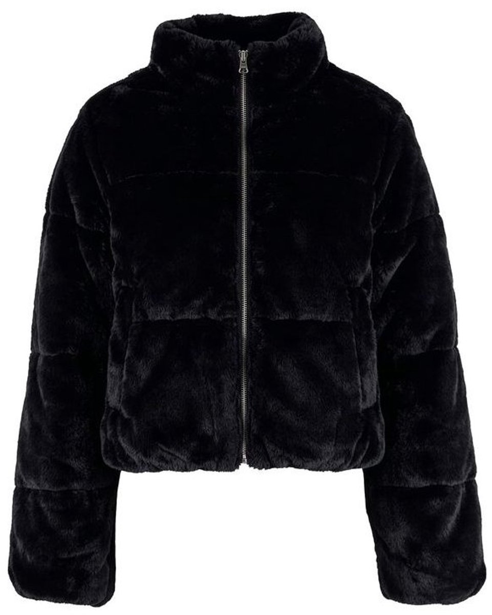 Urban Classics Ladies Short Faux Fur Puffer Jacket Dames Tussenseizoensjas – S Zwart
