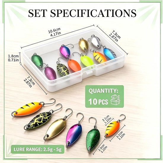 10 stuks forelaas, lepelset, lepels, forel, visaccessoires, forel, forellepel met doos voor een groot aantal vissen (2,5 g/3,5 g/5 g) — afbeelding 2