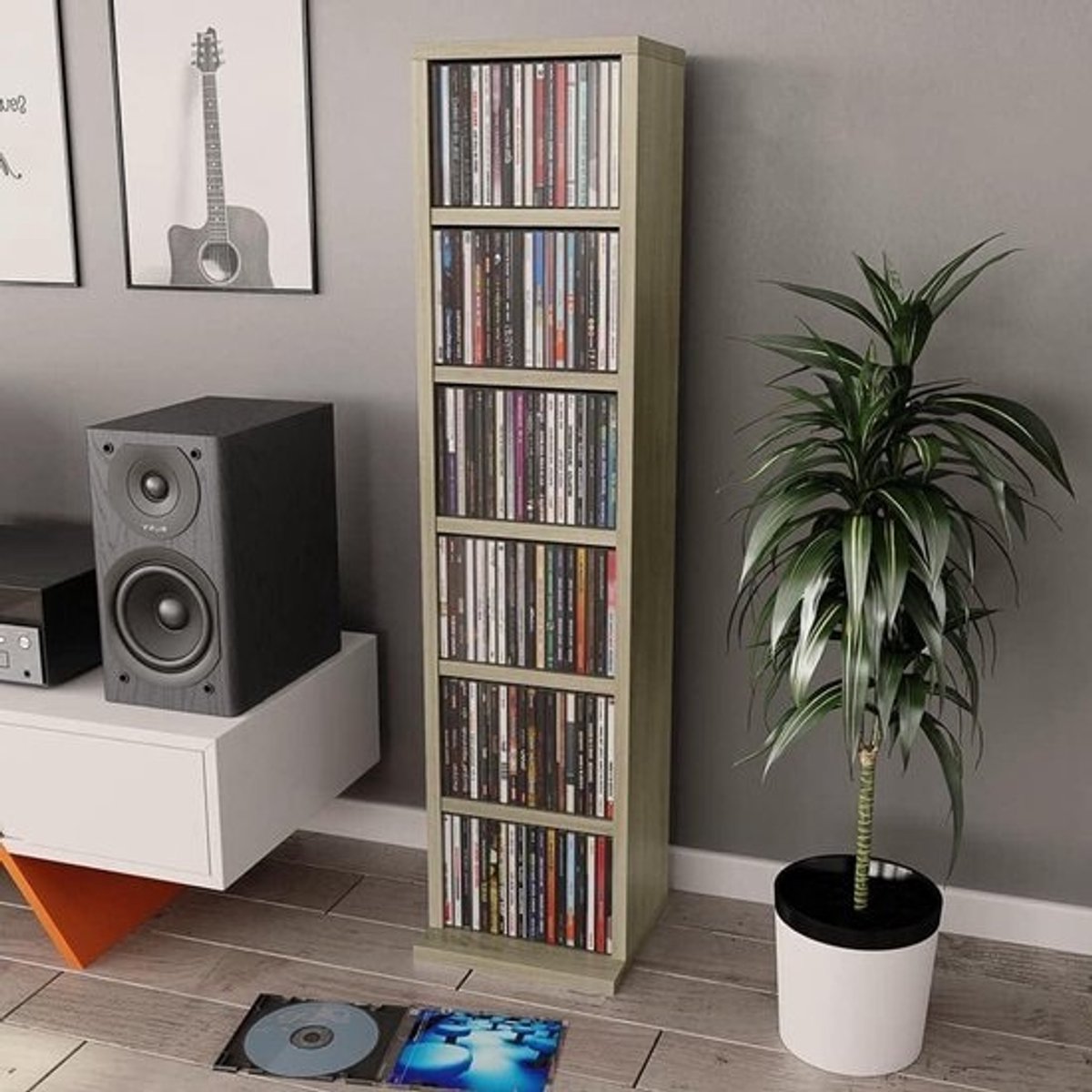 CD Kast - Opbergkast Media - Muziek Collectie Opslag - Zes Open Vakken - 21x20x88 cm - Sonoma Eiken