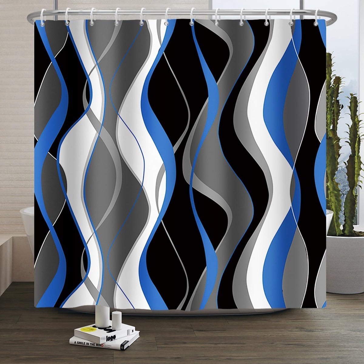 douchegordijn abstracte kleurrijke curve lijnen douchegordijn gestreepte golvende lijn badkamer gordijn wit zwart grijs blauw douchegordijn machine wasbaar waterdichte stof 120 x 200