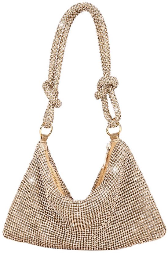 Gouden, driehoekige tas versierd met glinsterende strass steentjes en een gevlochten hengsel met knopen.