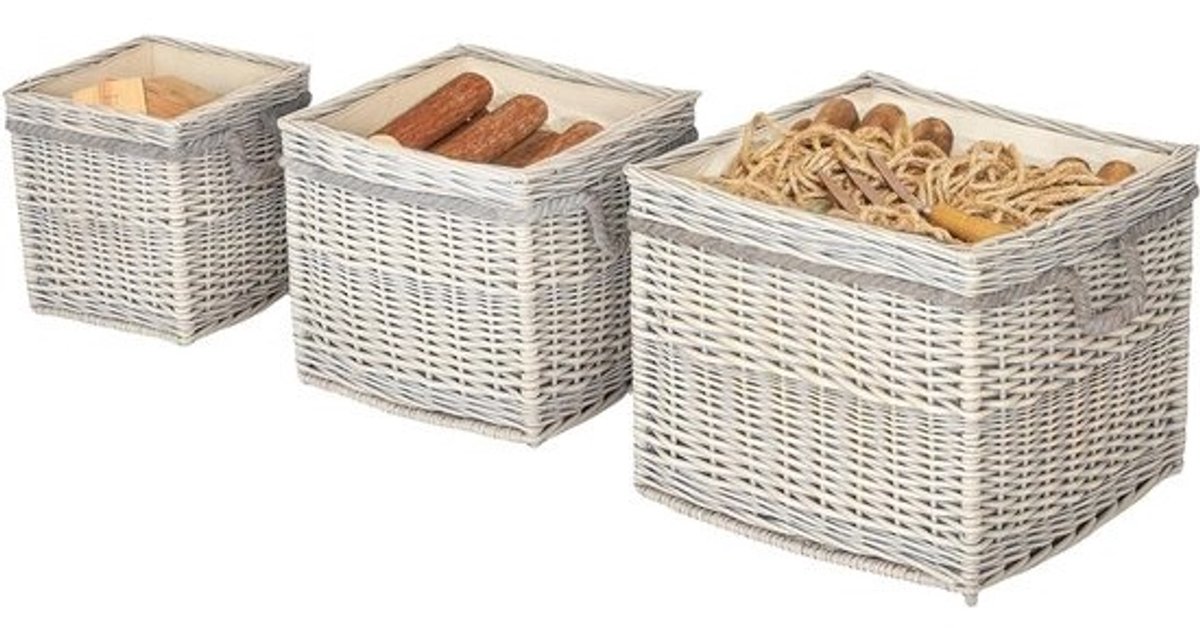 Houten manden set - Ronde opbergers - Haardhout opslag - Met stoffen voering - 3 maten - Beige