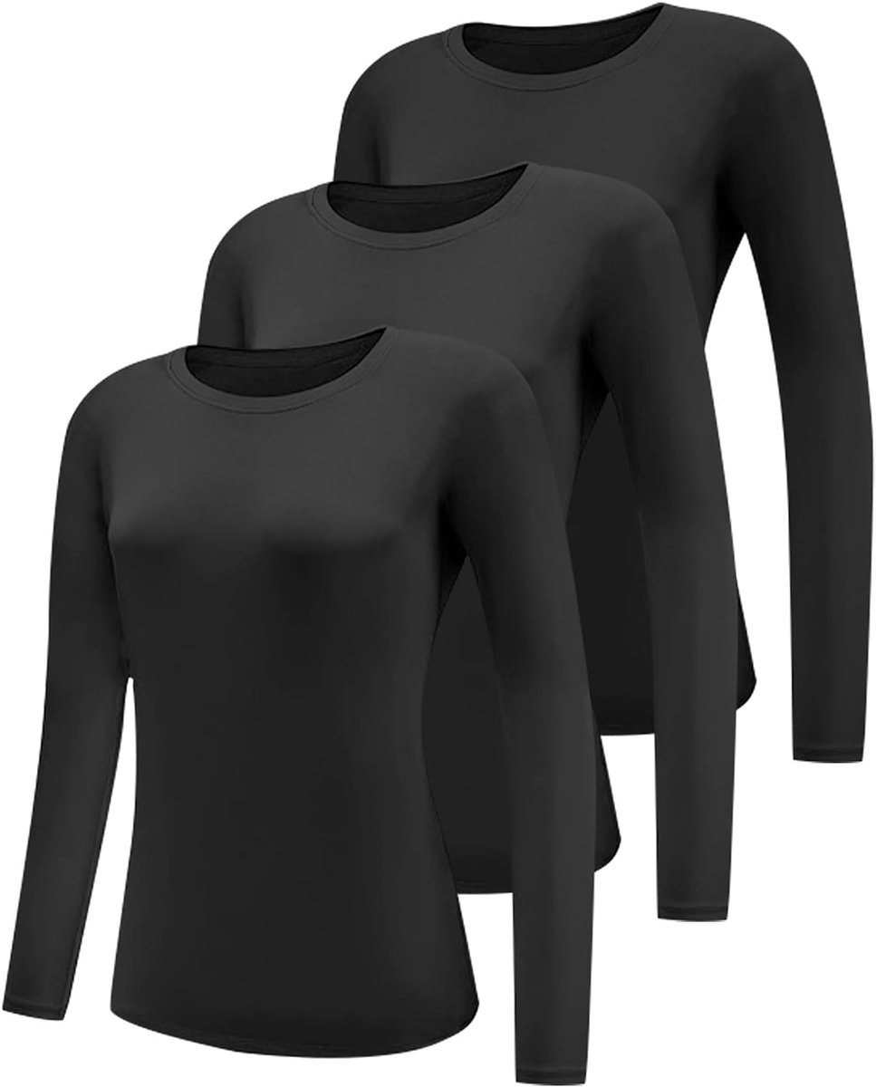 Set van 3 damesshirt met lange mouwen, katoenen bovenstukken met ronde hals, casual blouse, ronde hals, top, lange mouwen, dames, strak, meerkleurig
