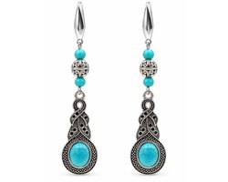 Lange dames oorbellen in Tibetaanse-bohemian stijl met pendule hanger en turquoise howliet steentjes