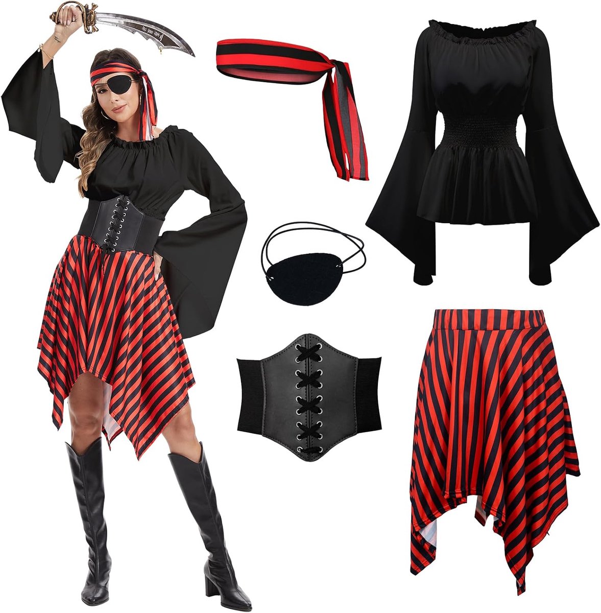 Piratenkostuum voor dames, middeleeuwse renaissance-kleding met piratenaccessoires voor carnaval en Halloween-party