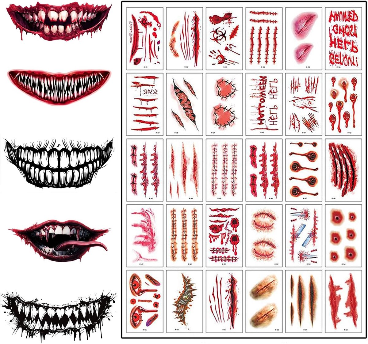 36 Stück Halloween Temporäre Tattoos met Mond- & Wondmotieven