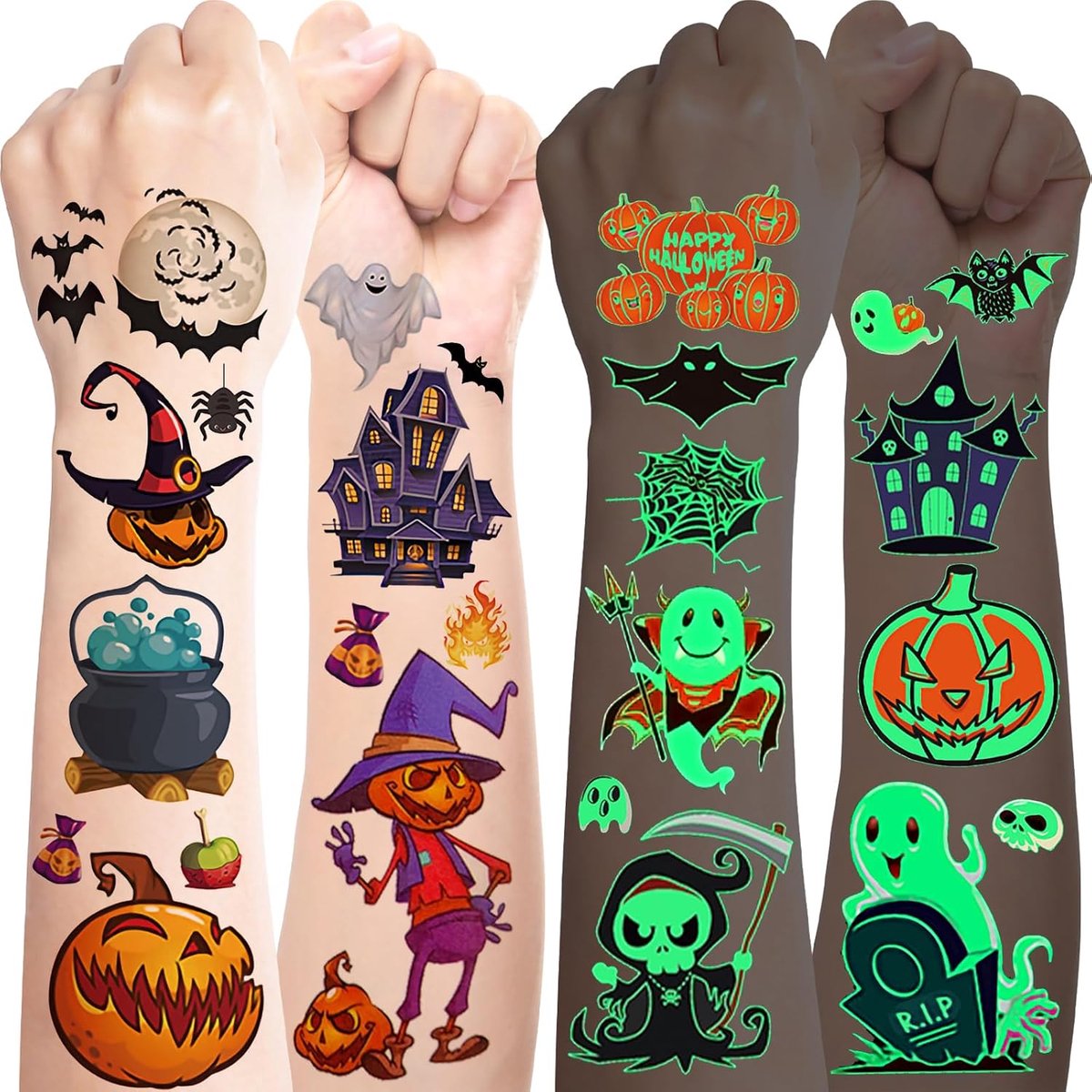 Tattoos, voor kinderen, 20 vellen halloweentattoos, waterbestendig, spoken, pompoenen, glow in the dark