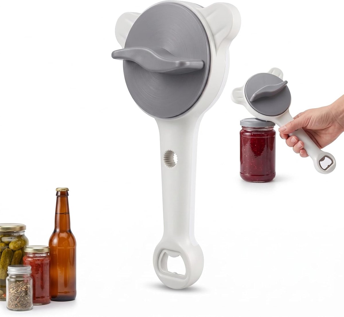 potopener 4-in-1 flesopener voor schroefdoppen 2,5-9 cm, keukengadget voor zwakke handen en artritis, Easy Grip Dekselopener voor potten, deksels en flessendoppen, grijs