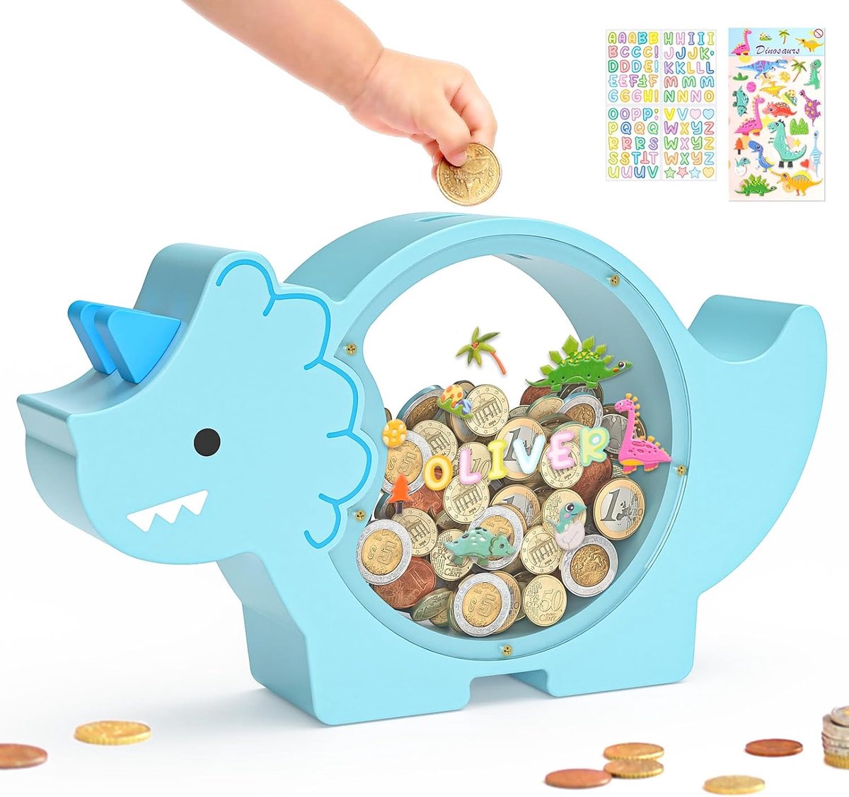 houten dinosaurus spaarpot voor jongens, schattige houten dino geldbank voor peuters, creatieve spaarpot, gepersonaliseerd cadeau voor kinderverjaardag en decoratie (Triceratops-Blauw