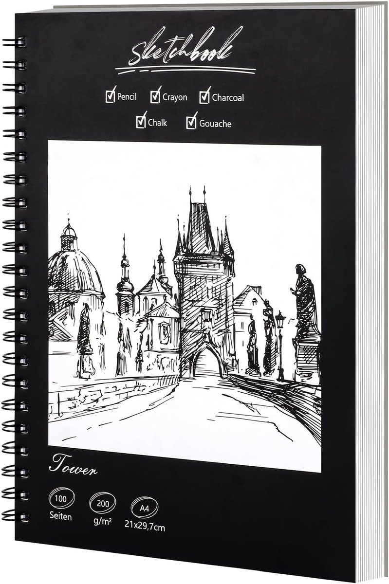 A4, 200 g/m² dik papier, 50 vellen/100 pagina's, spiraalgebonden, hardcover, tekenboek, tekenpapier, voor schetsen, tekenen, illustratie, aquarel en meer