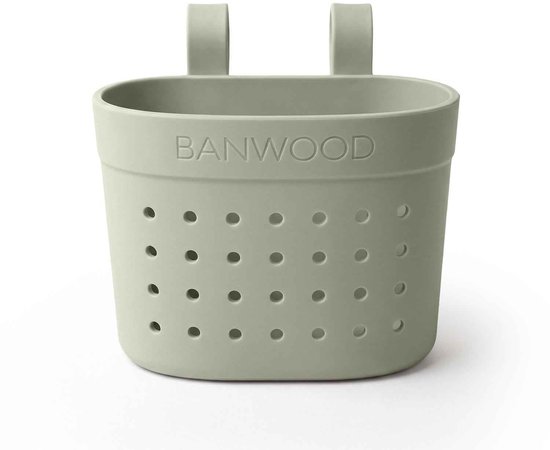Lichtgroen Banwood mandje met gaatjes en lusjes, het logo is zichtbaar.