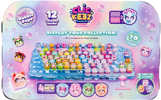 Clickeez Series 3 verpakking met een toetsenbord en 12 verzamelbare figuurtjes, met ruimte voor 70 figuurtjes.
