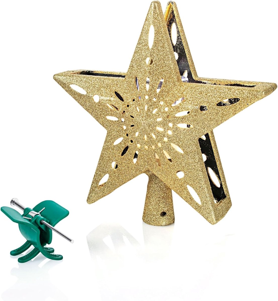 Boompiek, ster, goudglitter met LED-projector, kerstboompiek, gouden dennenboompiek, kerstster, hoogte ca. 26 cm, projector met sneeuwvlokmotief